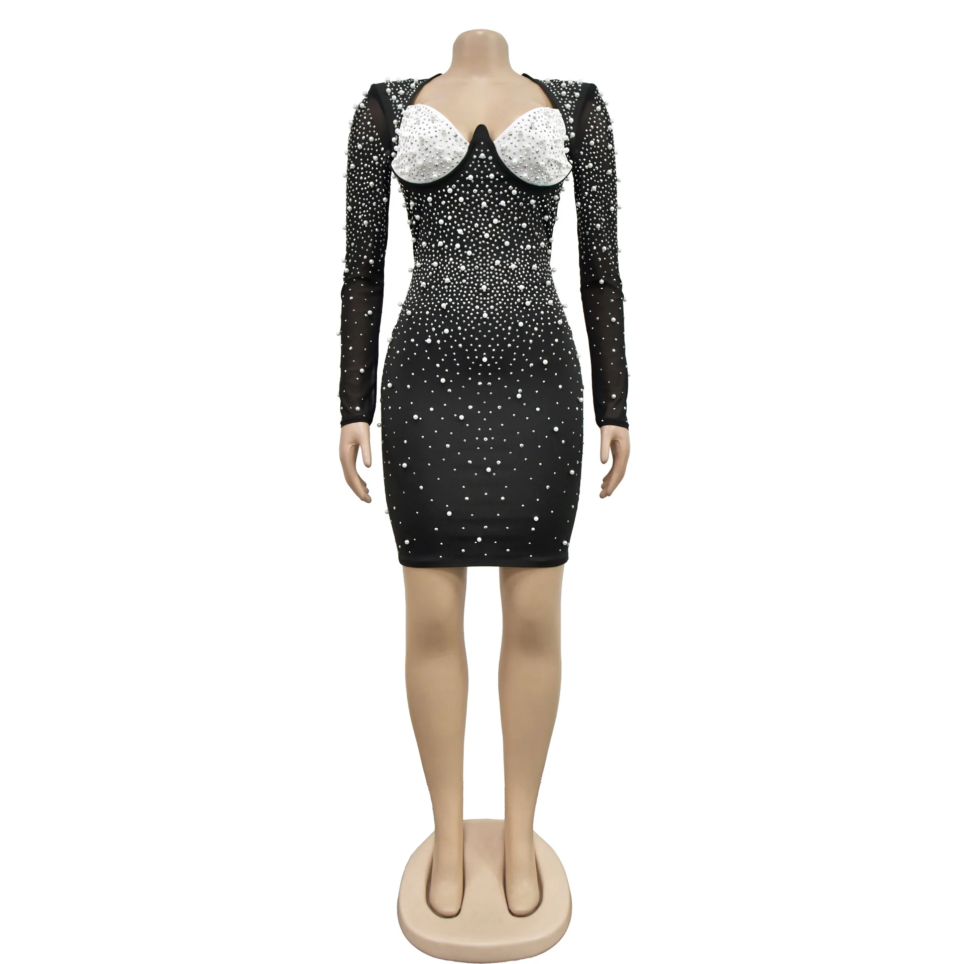 

Solid Color Super Shiny Mesh Hot Diamond Long Sleeve Short Skirt Dress