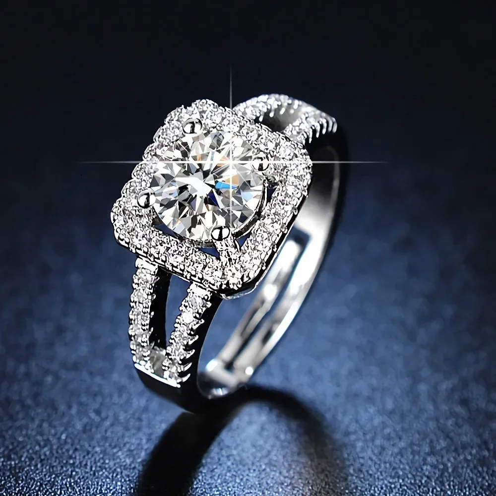 Adjustable size 925 Sterling Silver pretty Crystal square Rings for women original designer fashion party wedding Jewelry gifts