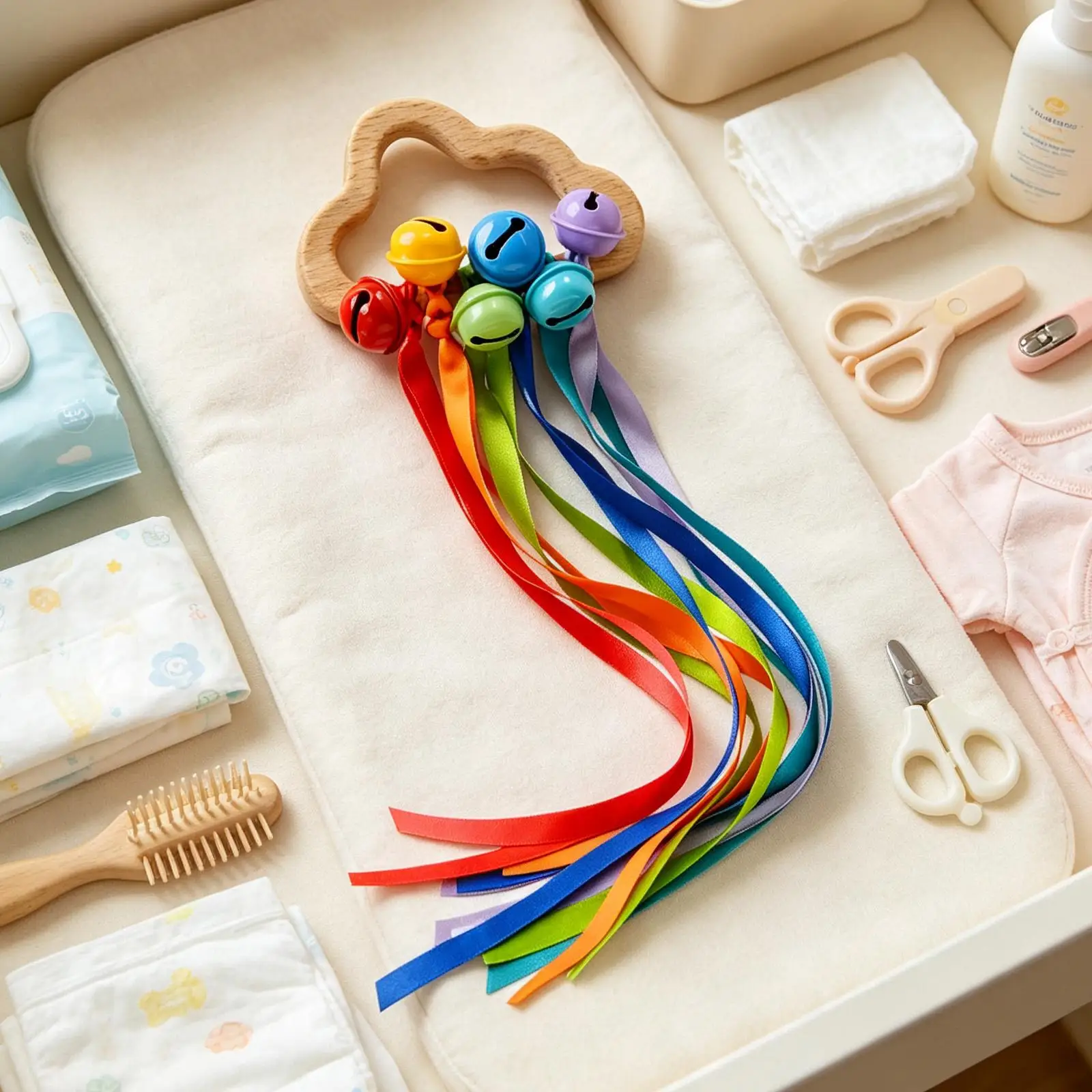 Baby Rattle Toy Rainbow Wooden Teething Ring Easy Grip Sensory Ribbon Bell Shaker for Toddler Montessori Educational Gift