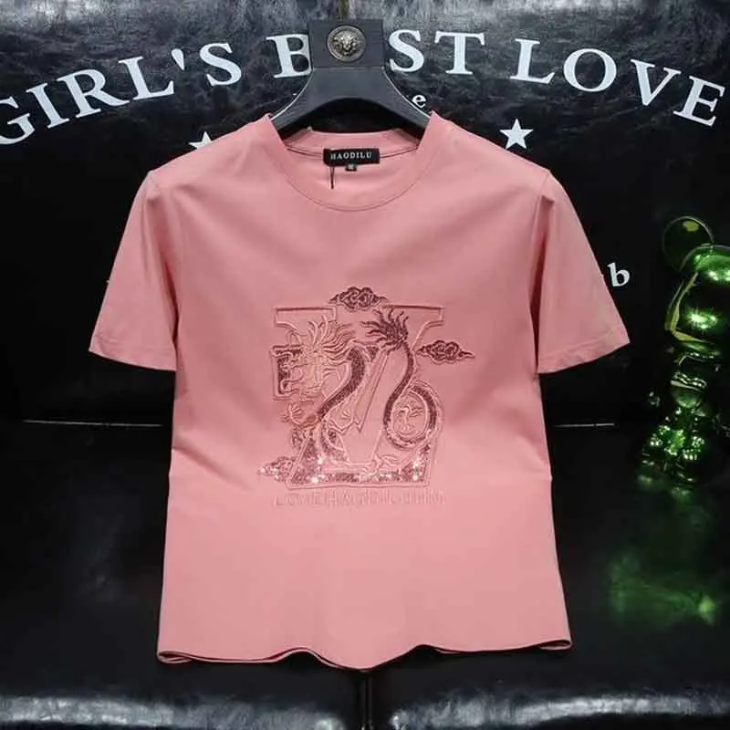 European Embroidered Summer Mercerized Cotton Short Sleeve T-Shirt Men's Crew Neck Casual Pink Half Sleeve T-Shirt Undershirt