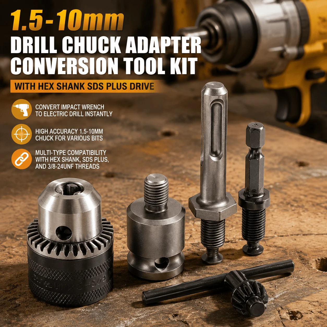 Drill Chuck Adapter Impact Wrench Converter 3/8-24UNF Thread Hex Shank Adapter SDS Plus Converter 1.5-10mm Keyless Chuck Electric Drill Conversion Power Tool Accessory Heavy Duty For Impact Driver Professional Workshop Multi Purpose Tool Set