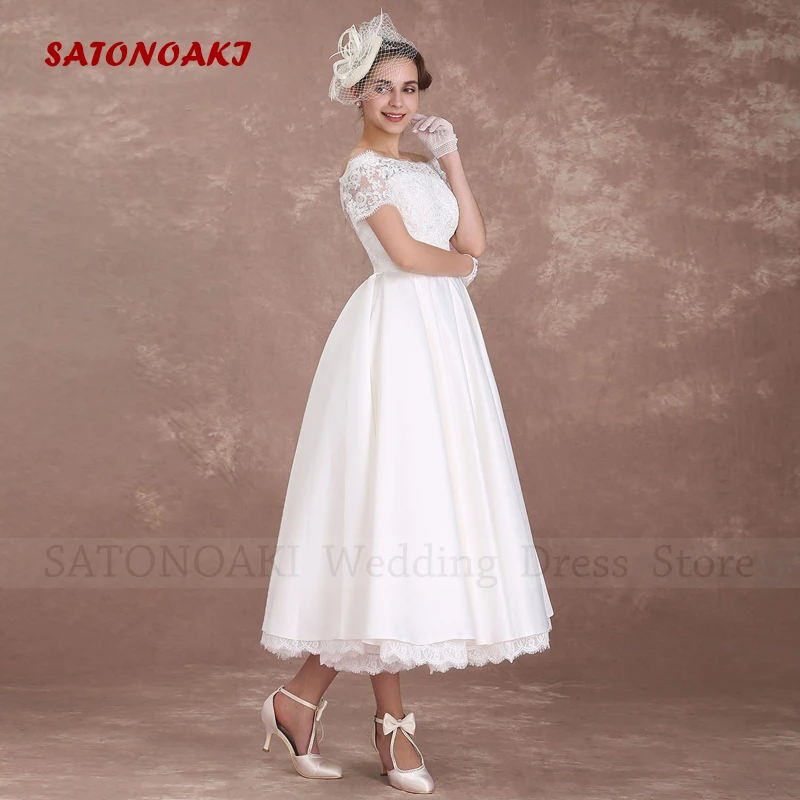 Vestidos De Novia elegancka krótka suknia ślubna 2023 dla kobiet Lace Off The Shoulder Tea długość suknia ślubna Robe Mariée Custom Made