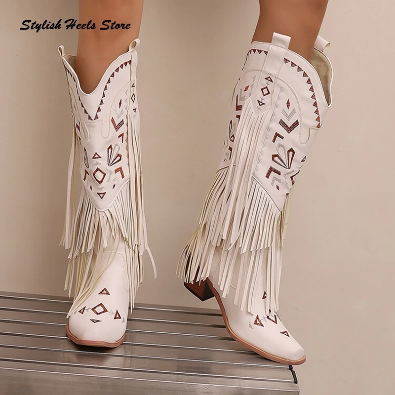 Embroidery Tassel Trim Square Toe Wedges Knee-High Boots Women Vintage Luxury Shoes Autumn Slip On Retro Western Cowboy Boots