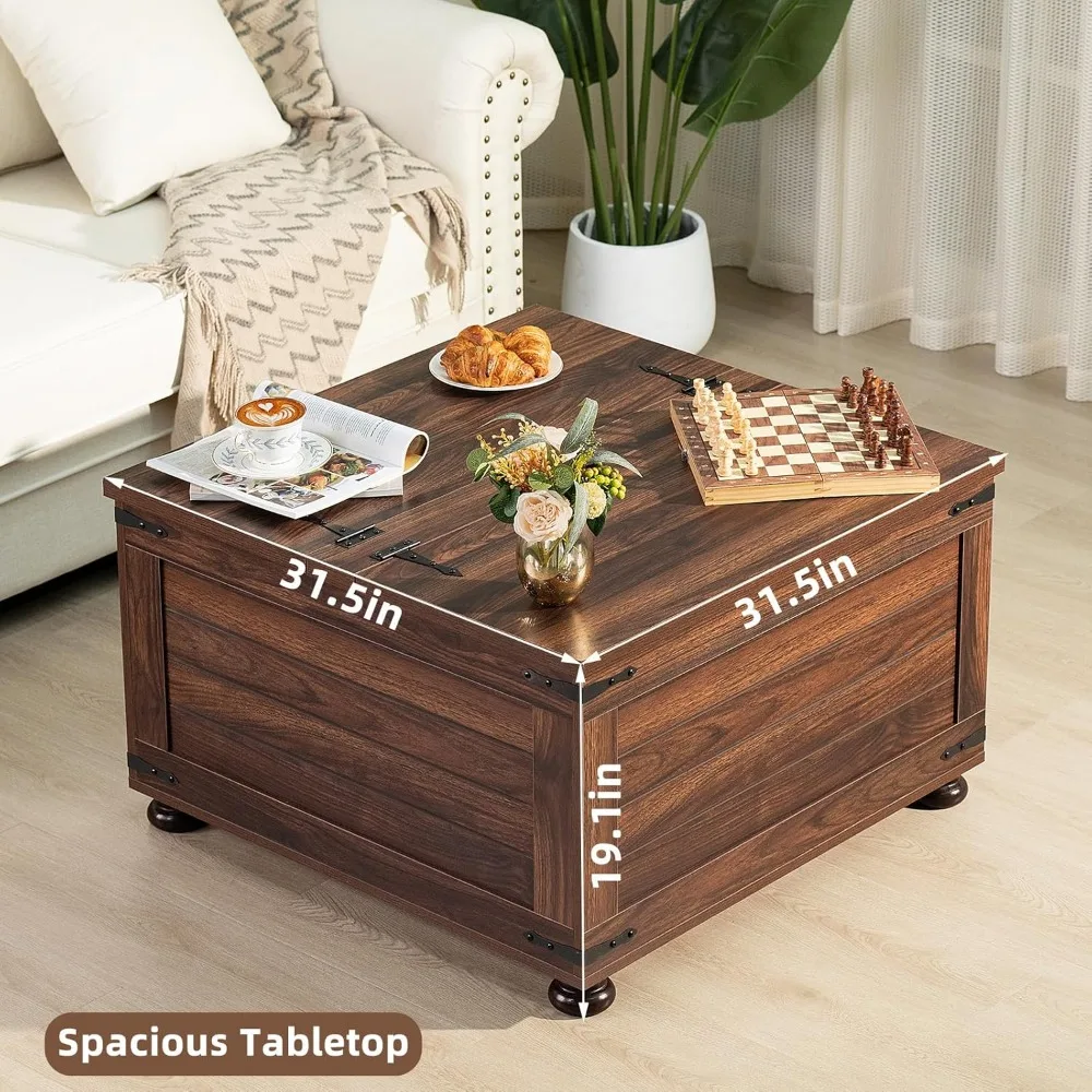 Rustic Farmhouse Coffee Table with Hidden Storage, Large Square Living Room Center Table, Retro Flip-Top Cocktail Tables