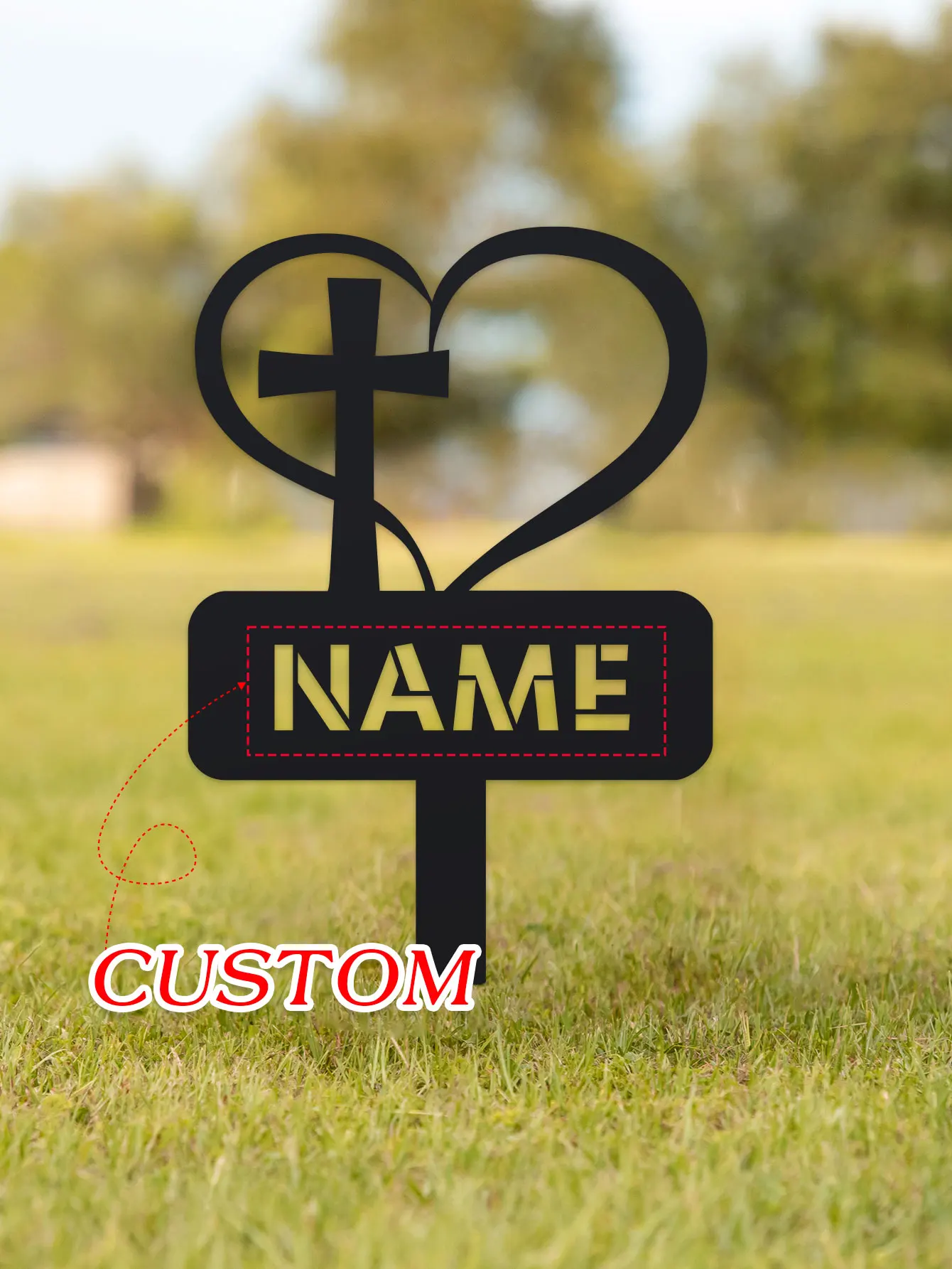 Personalized Metal Heart with Cross Sign Grave Maker Black Custom Memorial Stake Personalized Loss of Loved One Cemetery Stake f