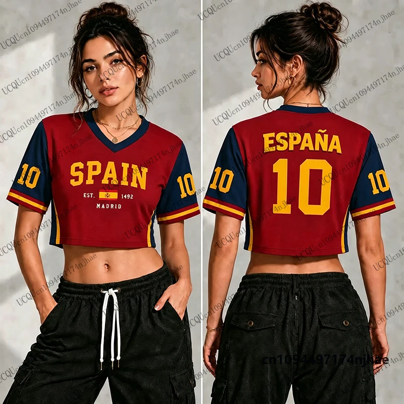 Summer New Spain Flag Print T-shirt For Women Short Sleeve Sexy Crop Top Football Jersey Y2k V-neck Sports Tees Casual Retro Top
