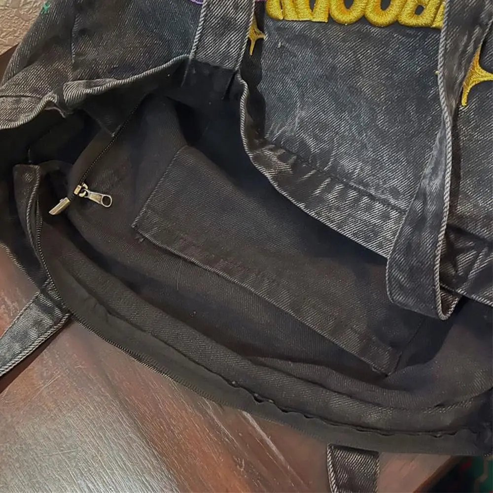 Y2K bolso de lona de mezclilla de gran capacidad, estilo callejero, Vintage americano, bolso de compras, bolso de mamá, bolso de hombro bordado con letras