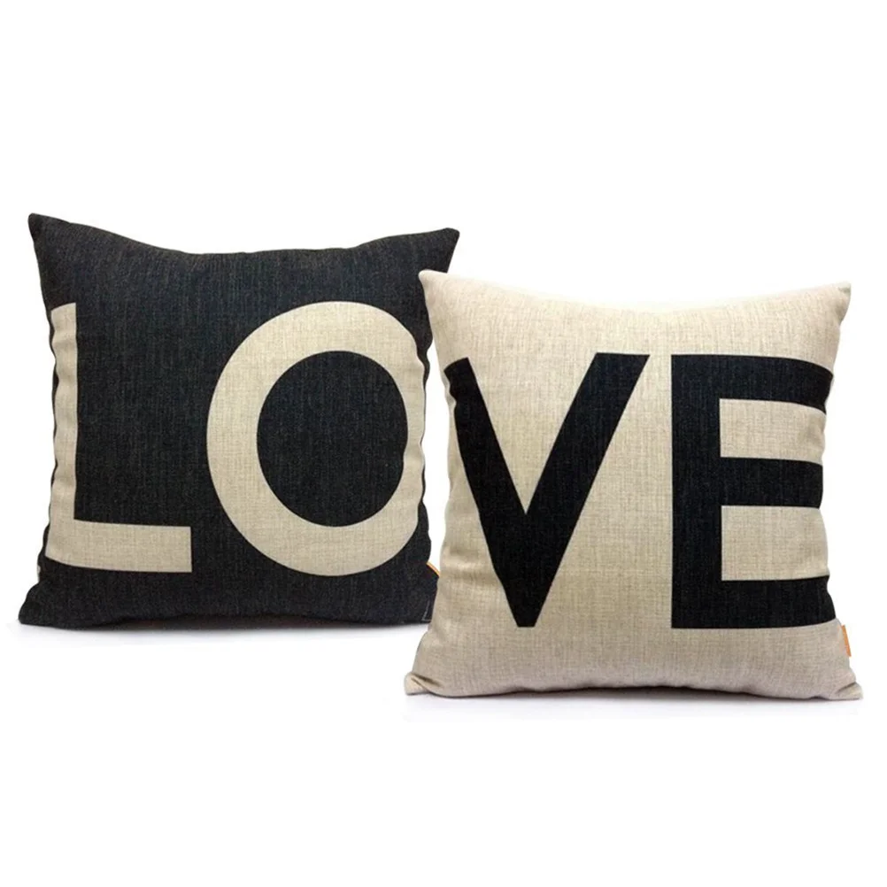 

2Pcs Cotton Linen Throw Pillow Case Square Love Letters Design for Sofa Bed Car Seat Cushion Cover Throw Pillow Case