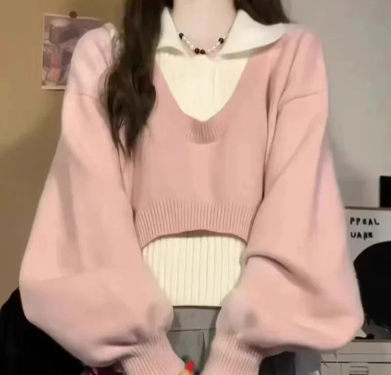 Conjunto de suéter de pescoço para mulheres primavera outono novo estilo redução de idade malha top cor bloco design estilo universitário