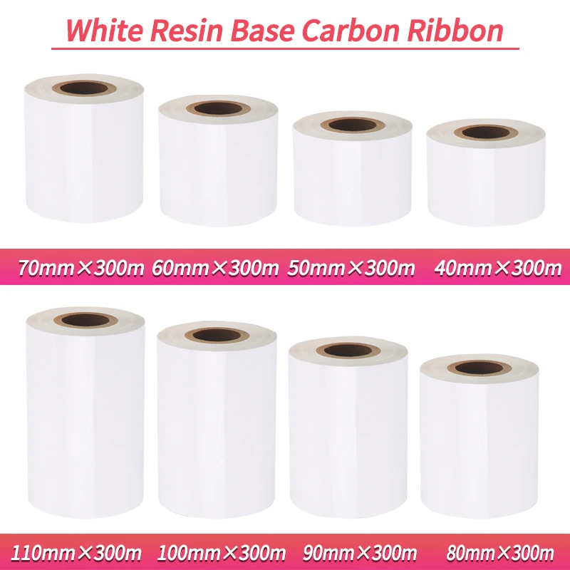 White Resin Base Carbon Ribbon Barcode Label Printer Ribbons 40mm 50 60 70 80 90 100 110mm 300m Black synthetic paper PET paper