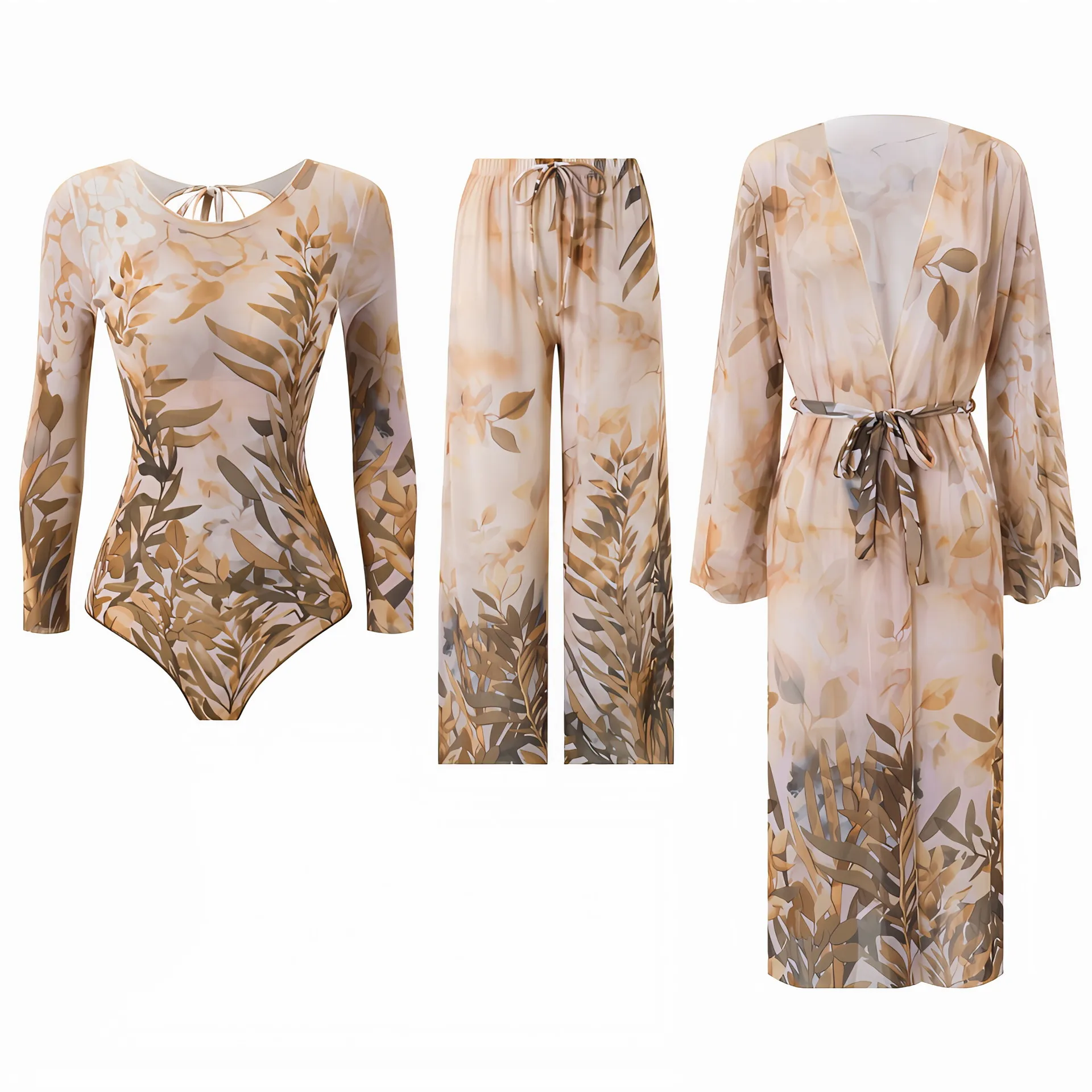 Women 3Pcs Vintage Totem Print Swimwear Set Long Sleeve Back Tie Mesh Rash Guard + Wide Leg Pants Belted Kimono Cover Up UPF35++