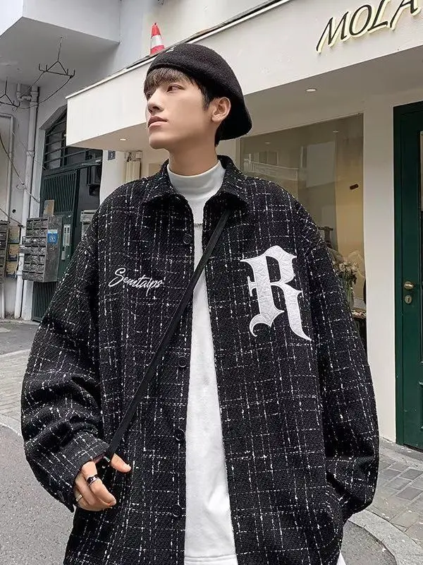 

Loose Fit Men's Long Sve Embroidered irt Vintage Plaid Design Street Sle Hip Hop High Street Faion Outerwear Jaet