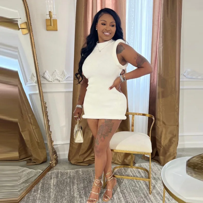 

2024 Summer Solid Ruched Sleeveless Irregular Mini Dress Women O Neck Fashion Slim Casual Commuting Streetwear Elegant Robe