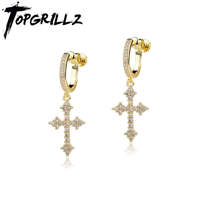 TOPGRILLZ No Piercing Earrings Iced Out Cubic Zircon Cross Drop Earring for Punk Female Ear Clip Dangle Earrings Party Jewelry