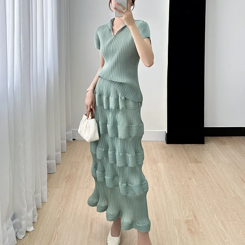 Miyake Pleated Advanced Set Cake Half Skirt+Short Sleeve Top Casual Western Pleated Two Piece Set for Women 2023 New