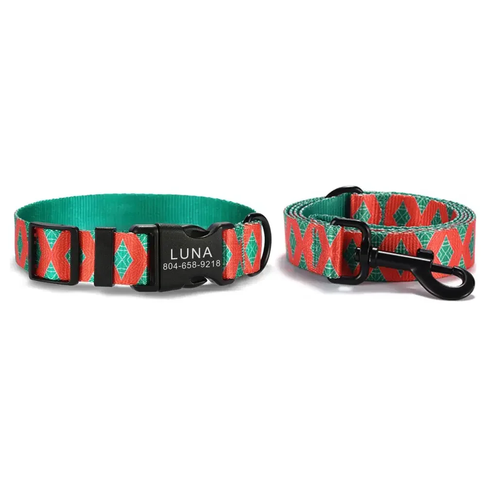 

Personalized Pet Collar, Customized Nameplate ID, Adjustable Red Green Grid, Soft Fiber, Cat and Dog Collars, Lead Leash