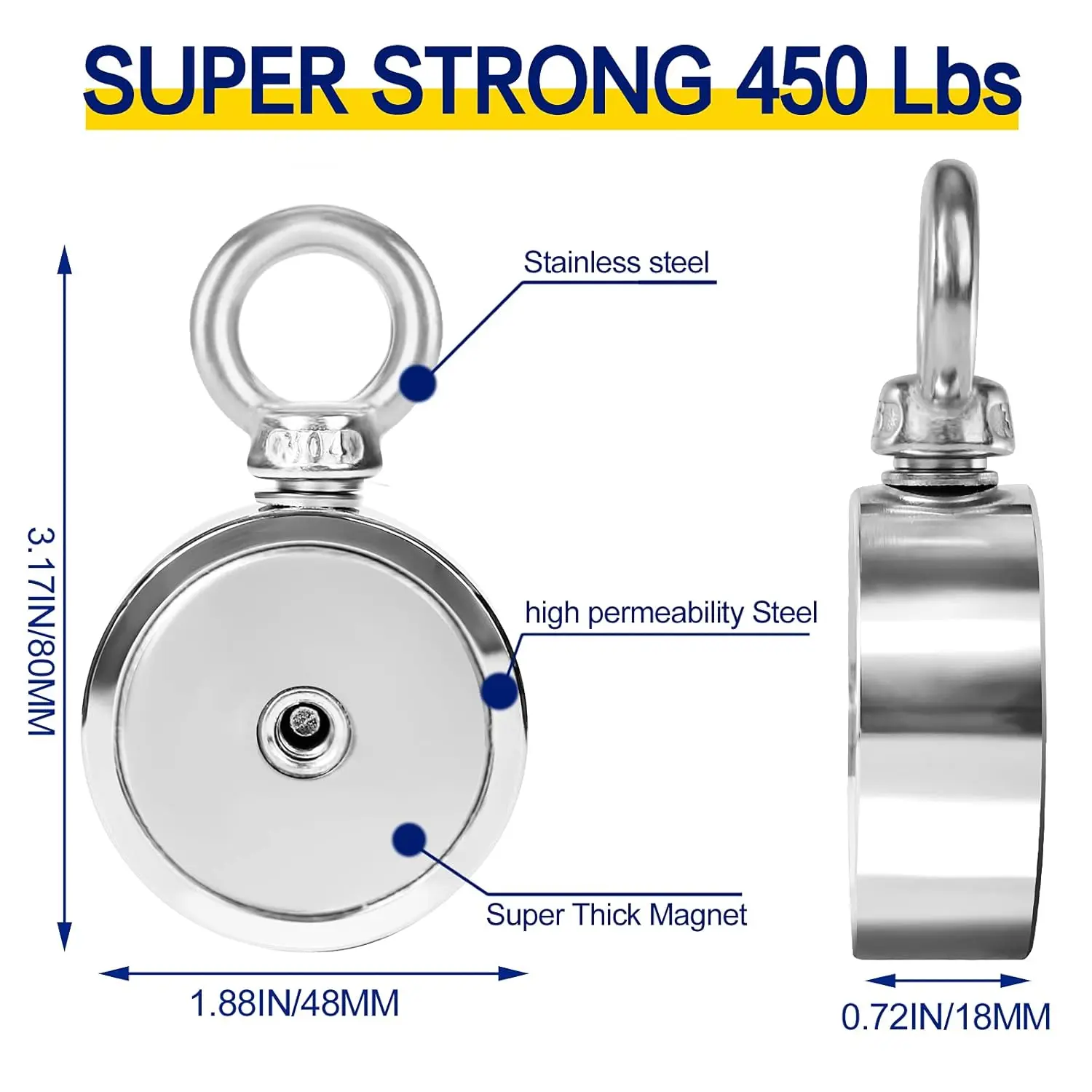슈퍼 파워 구조 낚시 마그네틱 310lb 강력한 네오디뮴 자석 양면 검색 자석 후크 M48mm-M60mm Stell 컵 홀더