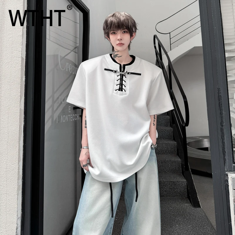 

WTHT модные мужские полосатые повседневные футболки на молнии с рисунком Meta Design, модные летние футболки 2025 года с круглым вырезом и короткими рукавами, мужской топ 2A0990