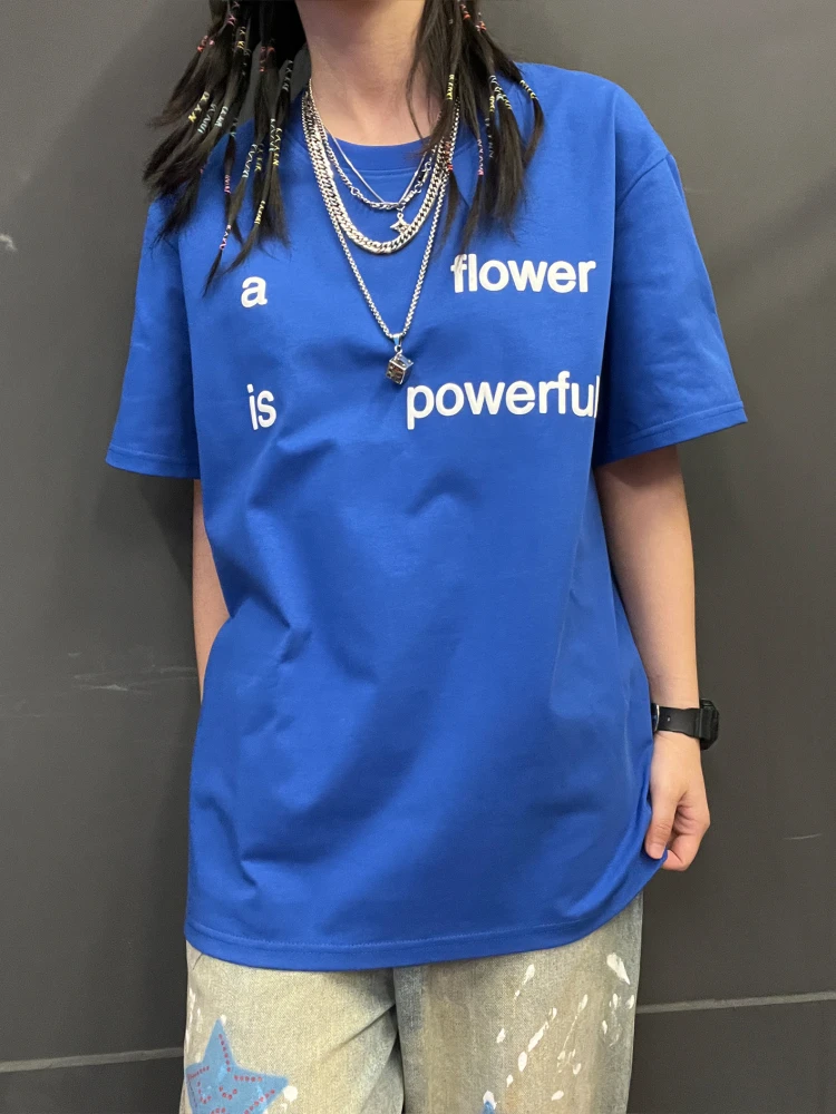 Heavyweight 260G Basic Letter Klein Blue Short Sleeve T-Shirt Summer White Enhancing Simple Design Cotton Blend Comfortable Fit
