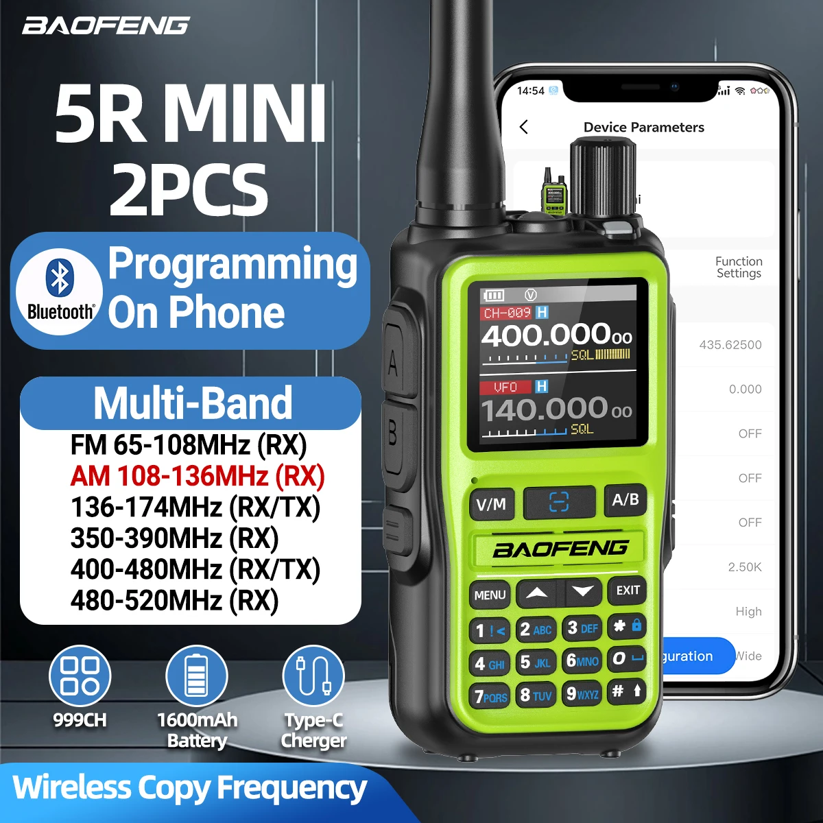 Baofeng UV 5R ミニトランシーバー Bluetooth プログラミング周波数 Type-C 充電器デュアル PTT バンド AM/FM キャンプポータブル 2 ウェイラジオ