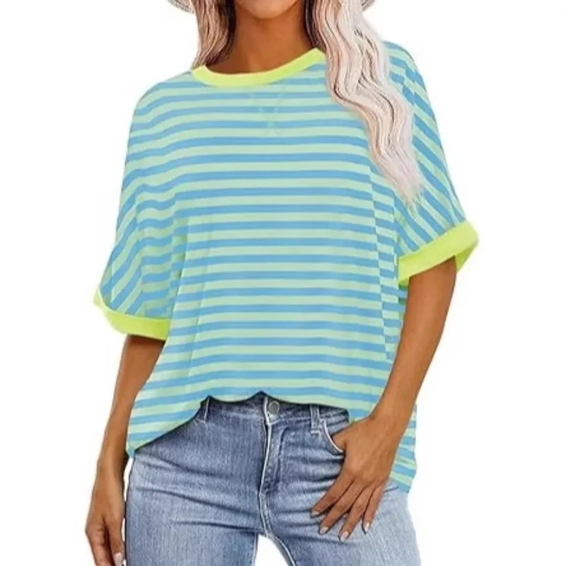 

Women's Casual Short Sleeved T-shirt Top with Round Neck and Patchwork Sleeves, Striped Summer New Style