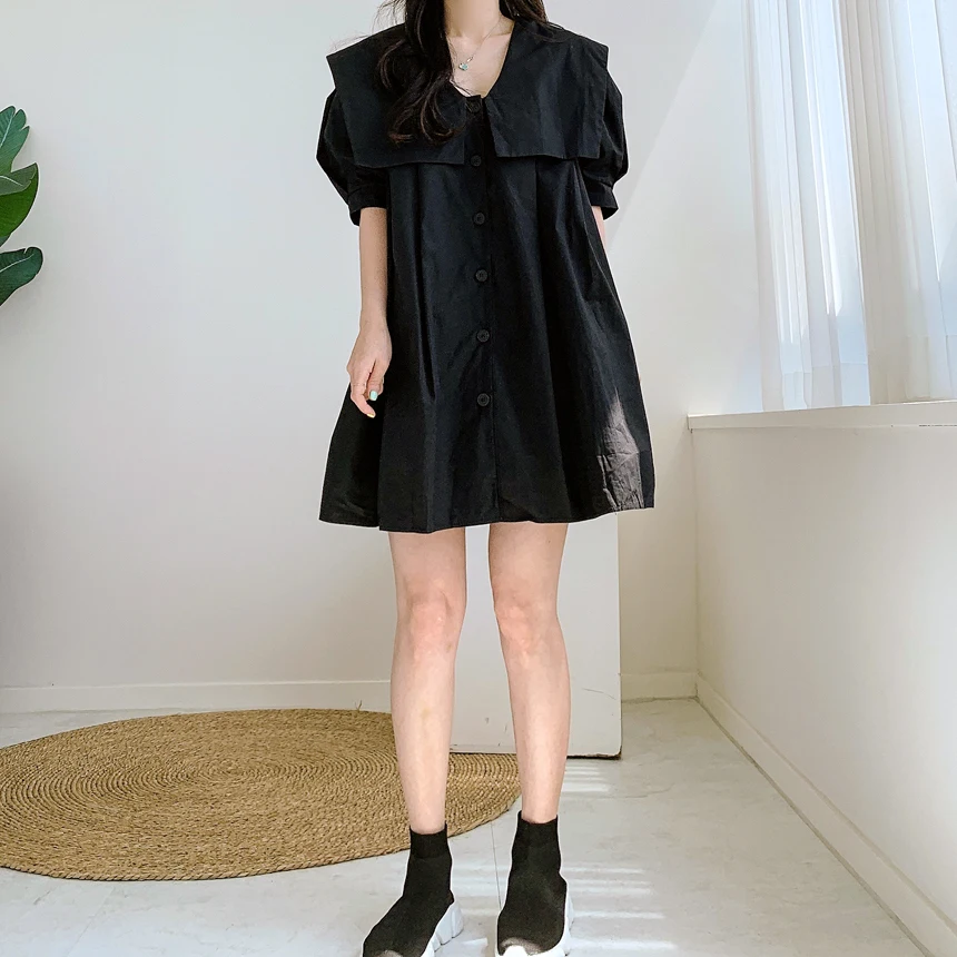 REALEFT 2023 Neue Sommer Vintage frauen Hemd Kleider Kurze Puff Sleeve V-ausschnitt Einreiher Casual Lose A-line Kleid Weibliche