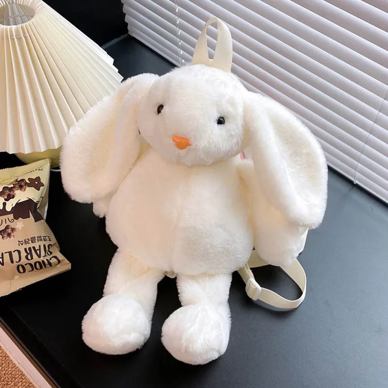 Cute Cartoon Rabbit Plush Backpack Youth Soft Shoulder Bag Vivid Embroidery Decorated Zipper Closure Small Size Pure Color