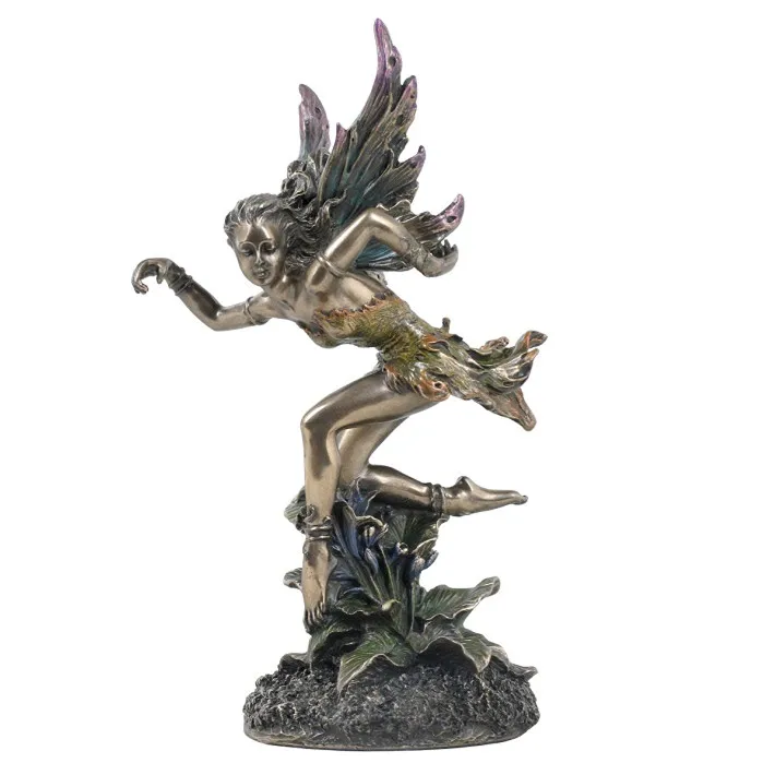 Dynamic Leaping Forest Fairy Figurine Iridescent Wing Metallic Finish Resin Elf Statue Floral Base Garden Room Decor Ornament