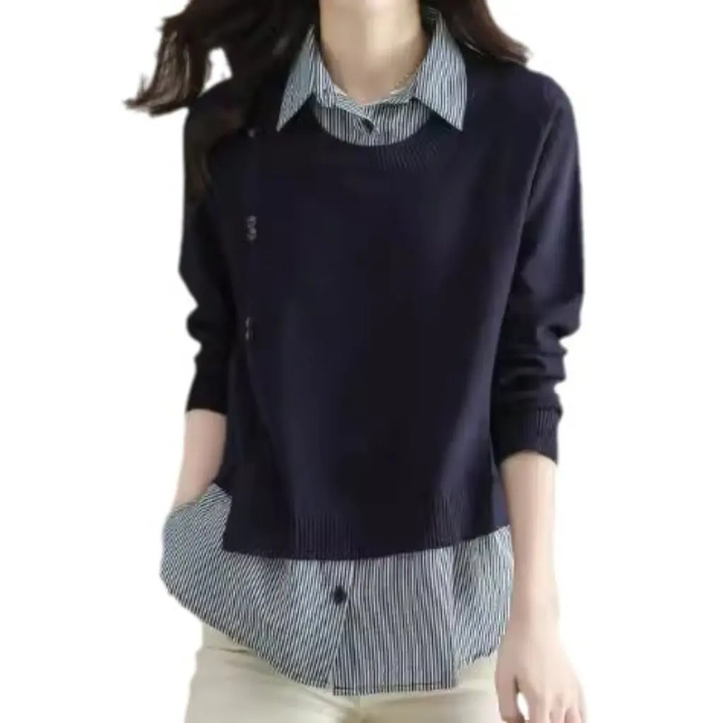 

Women's Loose Elegant Striped Knit Top Stitching Fake Two-Piece Sweater Spring Autumn Winter New Shirt Spring Autumn Winter
