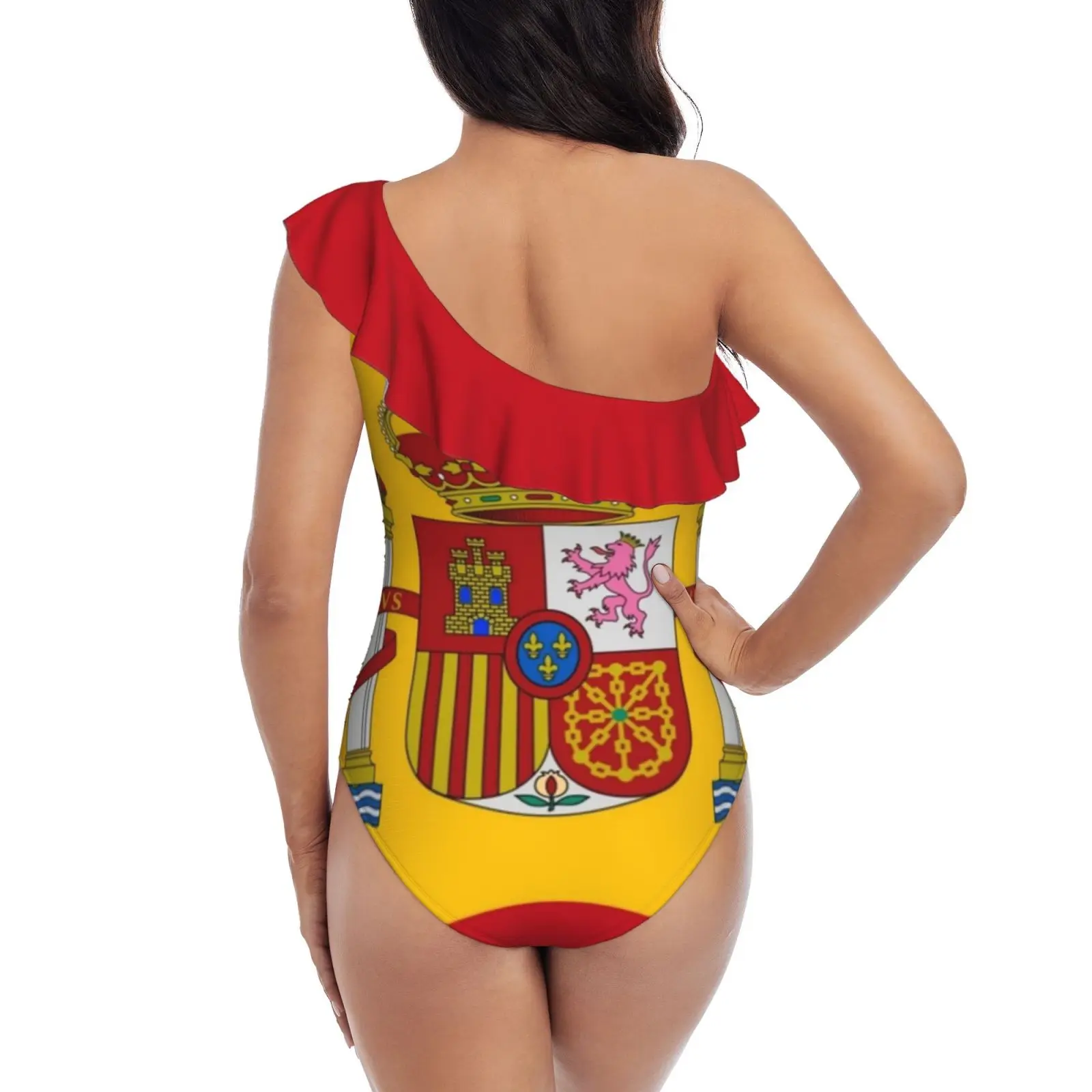 Flag Of Spain One Shoulder Ruffle Swimsuit One Piece Print Swimwear Women Bathing Suit Monokini Flag Of Spain Spain