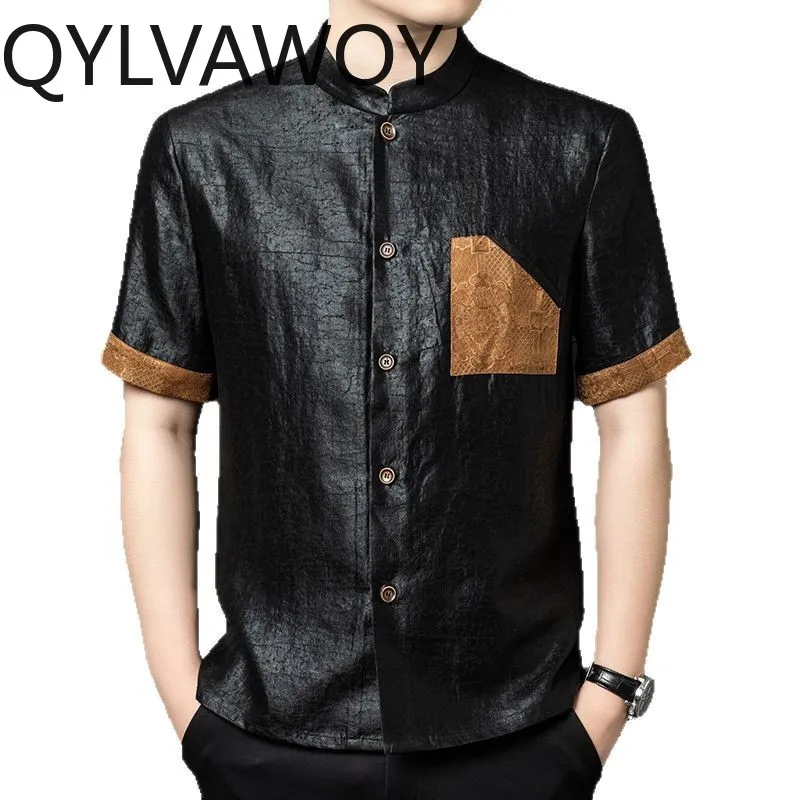 

Мужские рубашки QYLVAWOY, свободные рубашки с воротником-стойкой, 100% шелковые рубашки из тутового шелка для мужчин, с короткими рукавами, китайские рубашки в стиле ретро