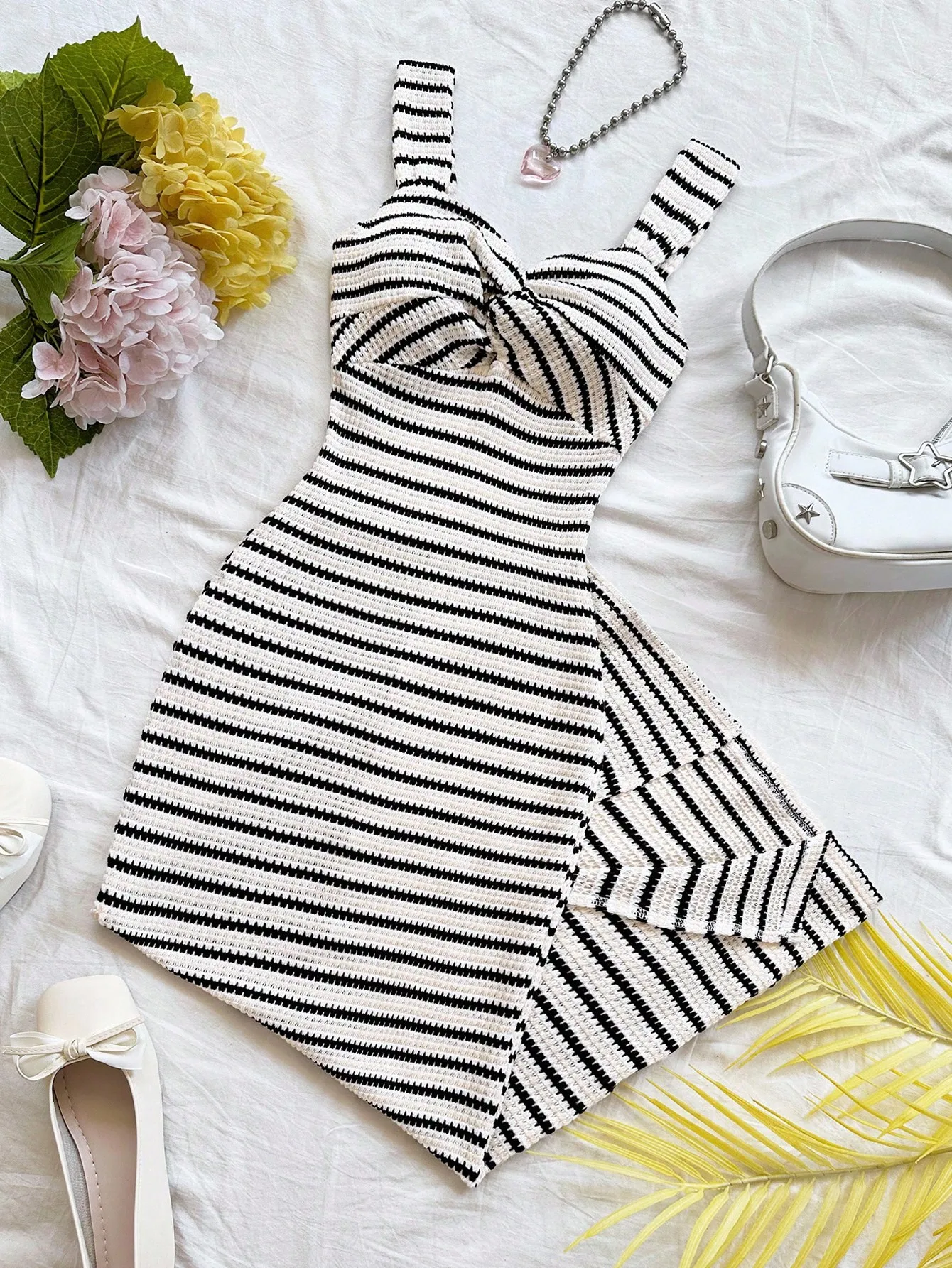 

Women's Striped Knit Sleeveless Midi Dress with Twist Front Detail