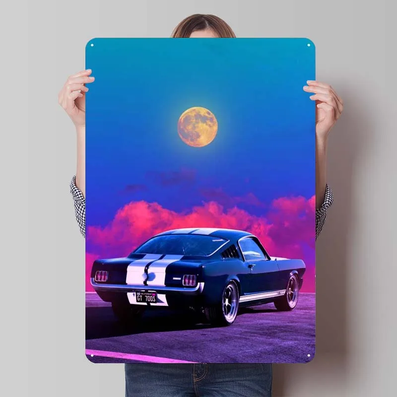 Outrun Sunset Metal Sign Car Poster Interior Tinplate Sign Plaque for Garage Wall Art Decoration Room Decorations Bathroom Decor