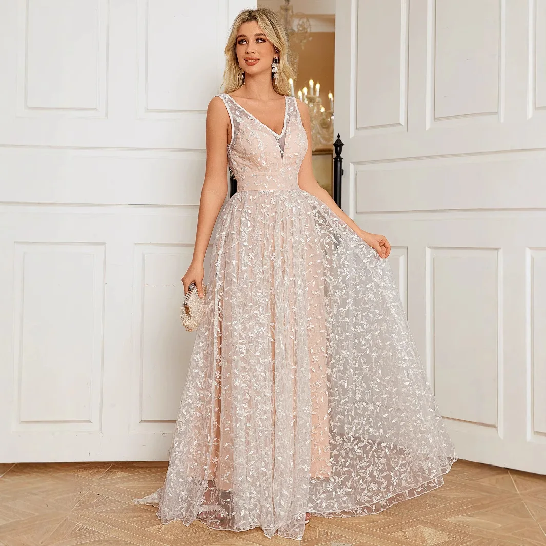 

Сексуальное бальное кружевное платье с вышивкой и глубоким V-образным вырезом, вечернее платье, свадебное платье с высоким воротником, бархатная ткань для Par Ocns