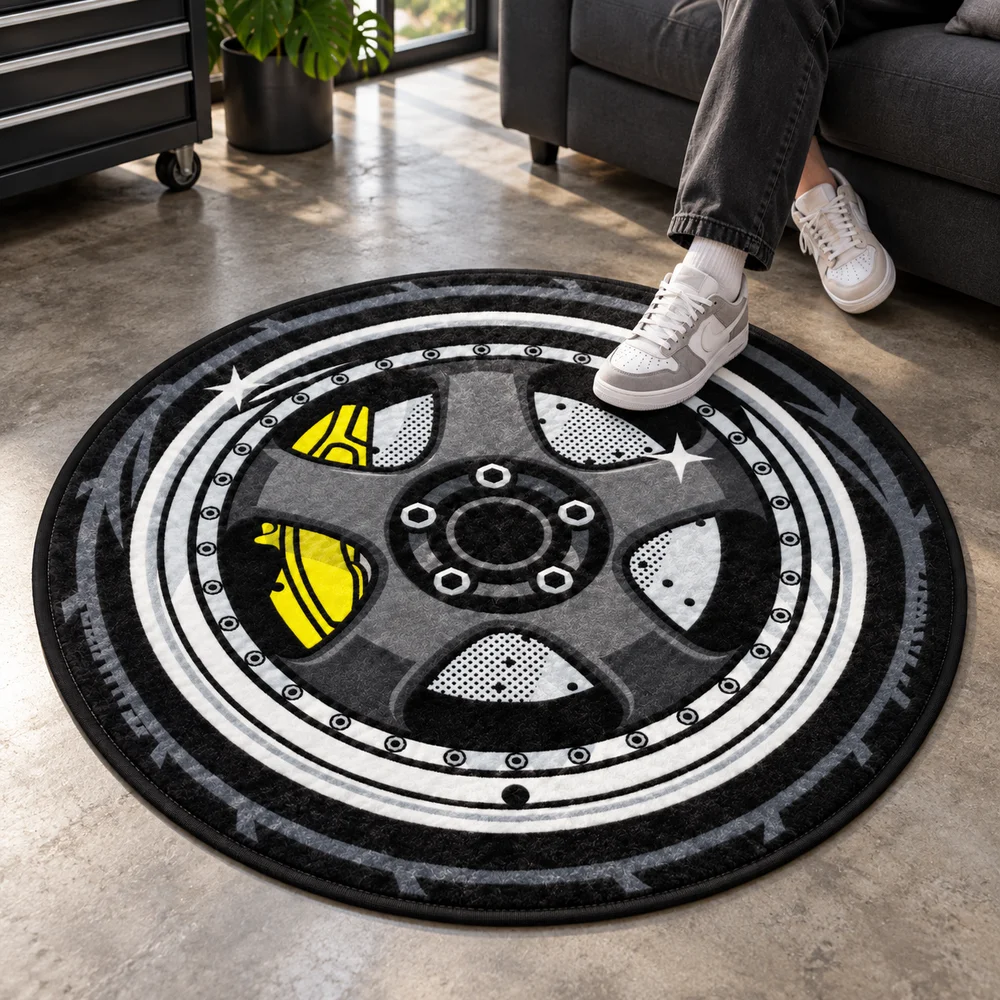 Black Car Wheel Shaped Flannel Rug, Tire Car Enthusiast Floor Mat for Garage Lounge, Game Room and Bedroom Decor, Auto Accent
