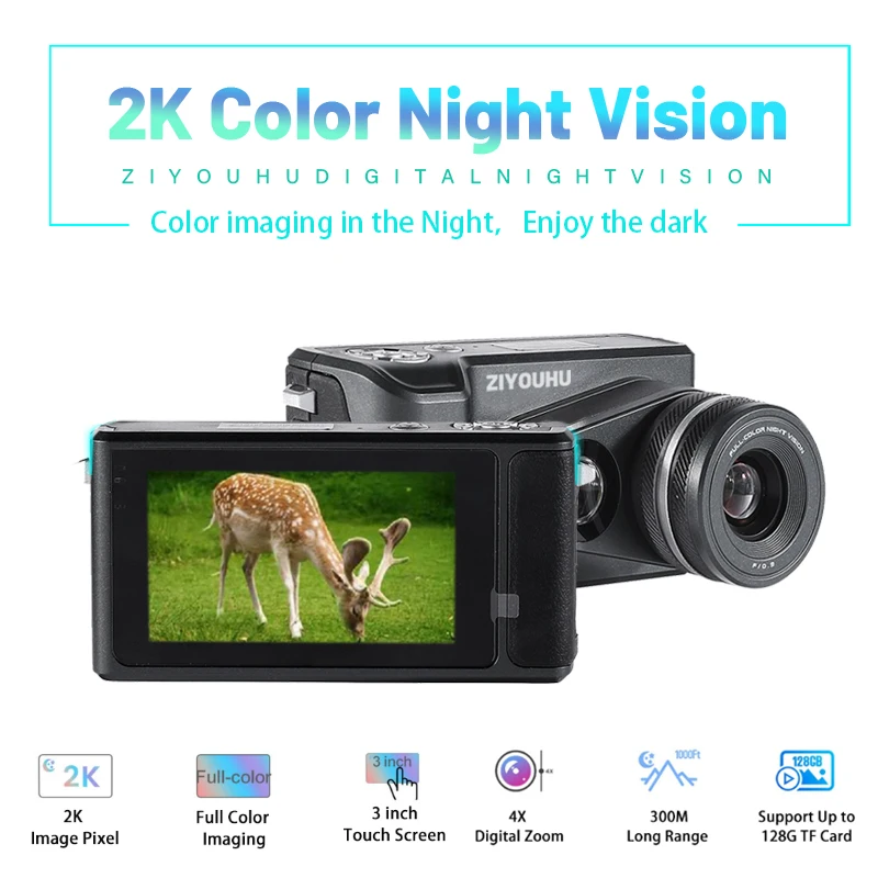 ZIYOUHU-Touch Screen Digital Night Vision Camera, Full-color Imaging, Infrared Device for Hunting, 2K, 3 