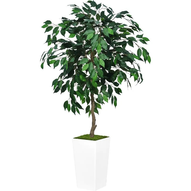 

Artificial Ficus Tree 5FT - Faux Indoor Tree with White Tall Planter - Fake Ficus Floor Plant Potted - Artificial Silk Tree for