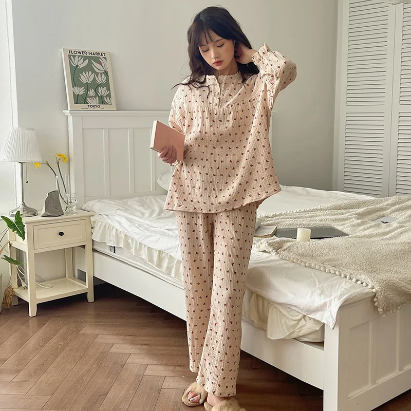 Frühling und Herbst Pyjama aus reiner Baumwolle Damen Rundhals ausschnitt Crêpe Stoff mit Rose Edge Home Kleidung Langarm Hosen Set weiblich