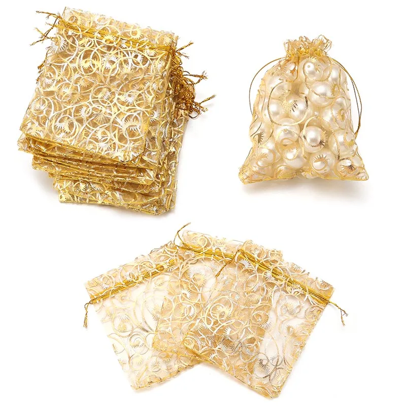 10pcs/Lot 7x9 9x12mm Gold Color Bronzing Eyelash Organza Bag Pounch Jewelry Packaging Bag Wedding/Christmas Favor Pouches & Gift