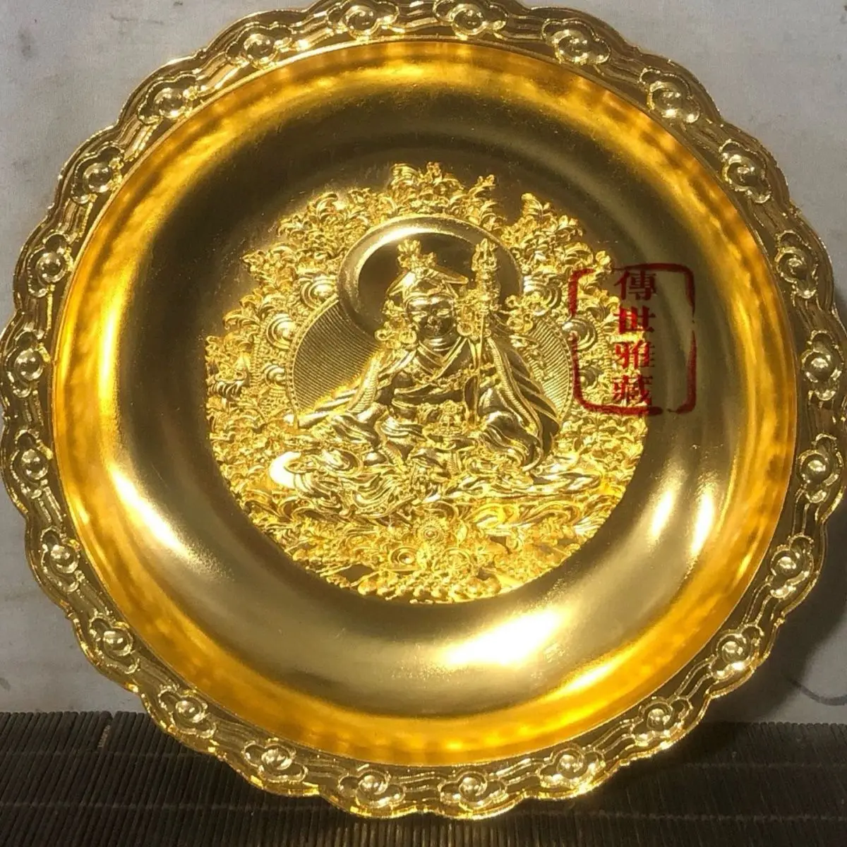 Lotus themed gilded appreciation plate with exquisite relief craftsmanship, auspicious clouds rolled with grass edges