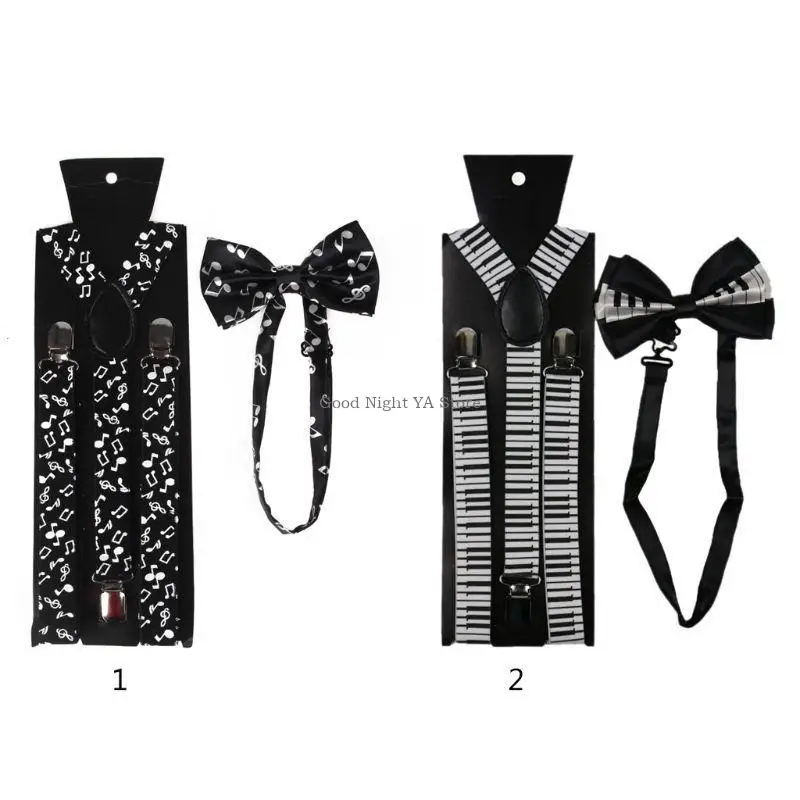 

Men Women 2 In 1 Suspenders Bow Tie Set Black White Music Notes Piano Keyboard Print Adjustable Y-Back Belt Necktie