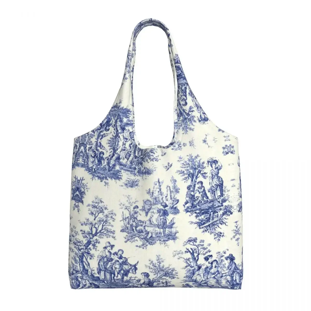 French Navy Blue Toile De Jouy Motif Pattern Shopping Bag Canvas Shoulder Tote  Portable Traditional Groceries Shopper s