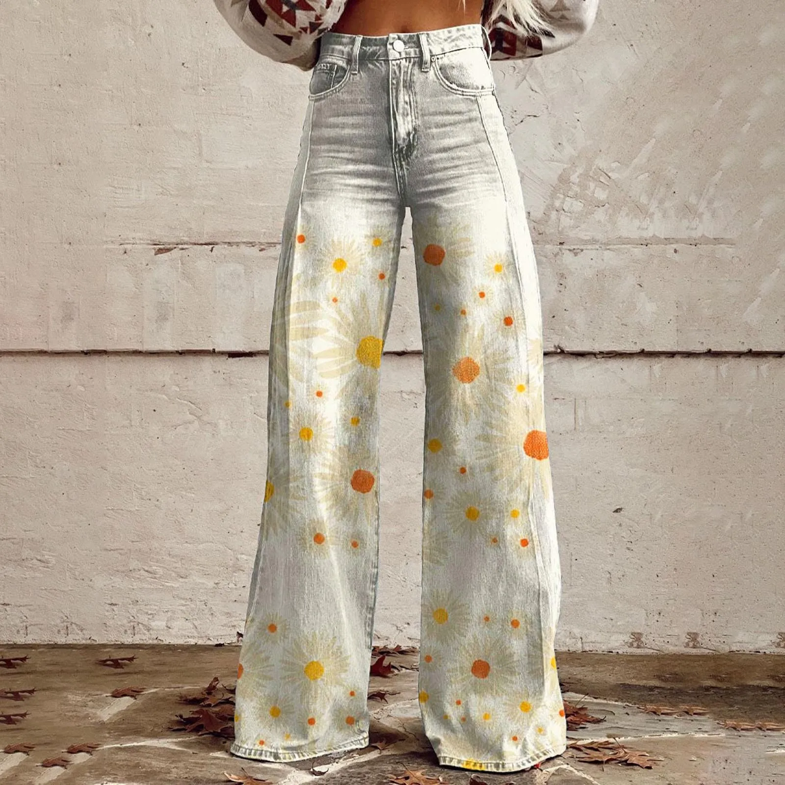 2025 Womens Vintage Wide Leg Jeans Fashion High Waisted Casual Denim Pants 90s Floral Printed Trousers Women Jean Baggy Trousers