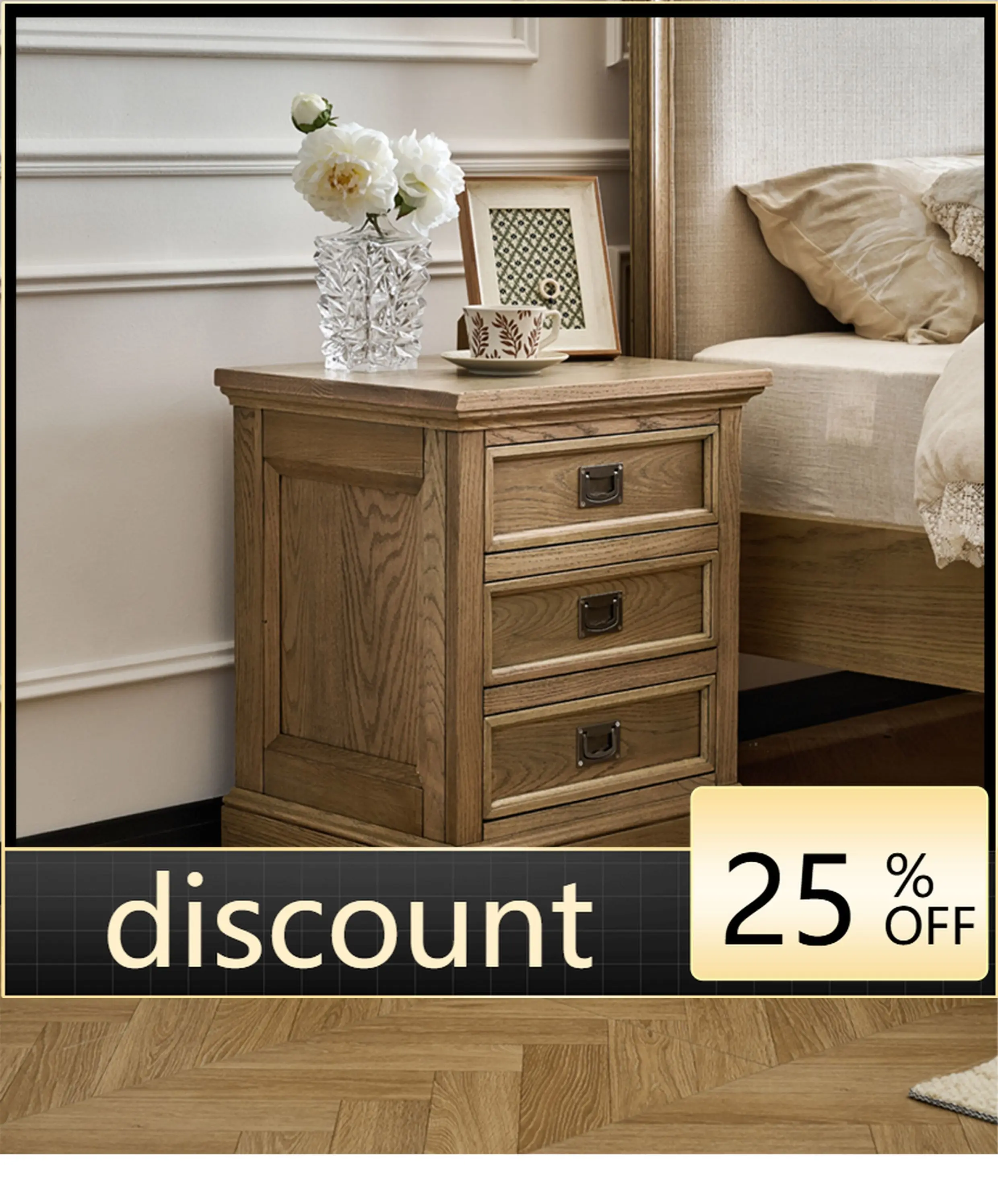 

LMM solid wood bedside table red oak log three drawer bedside table