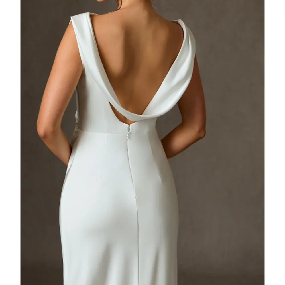Elegant Sleeveless White  Satin Floor Women Backless Evening Dress  Figure-Hugging Formal Gown for Wedding Party Prom