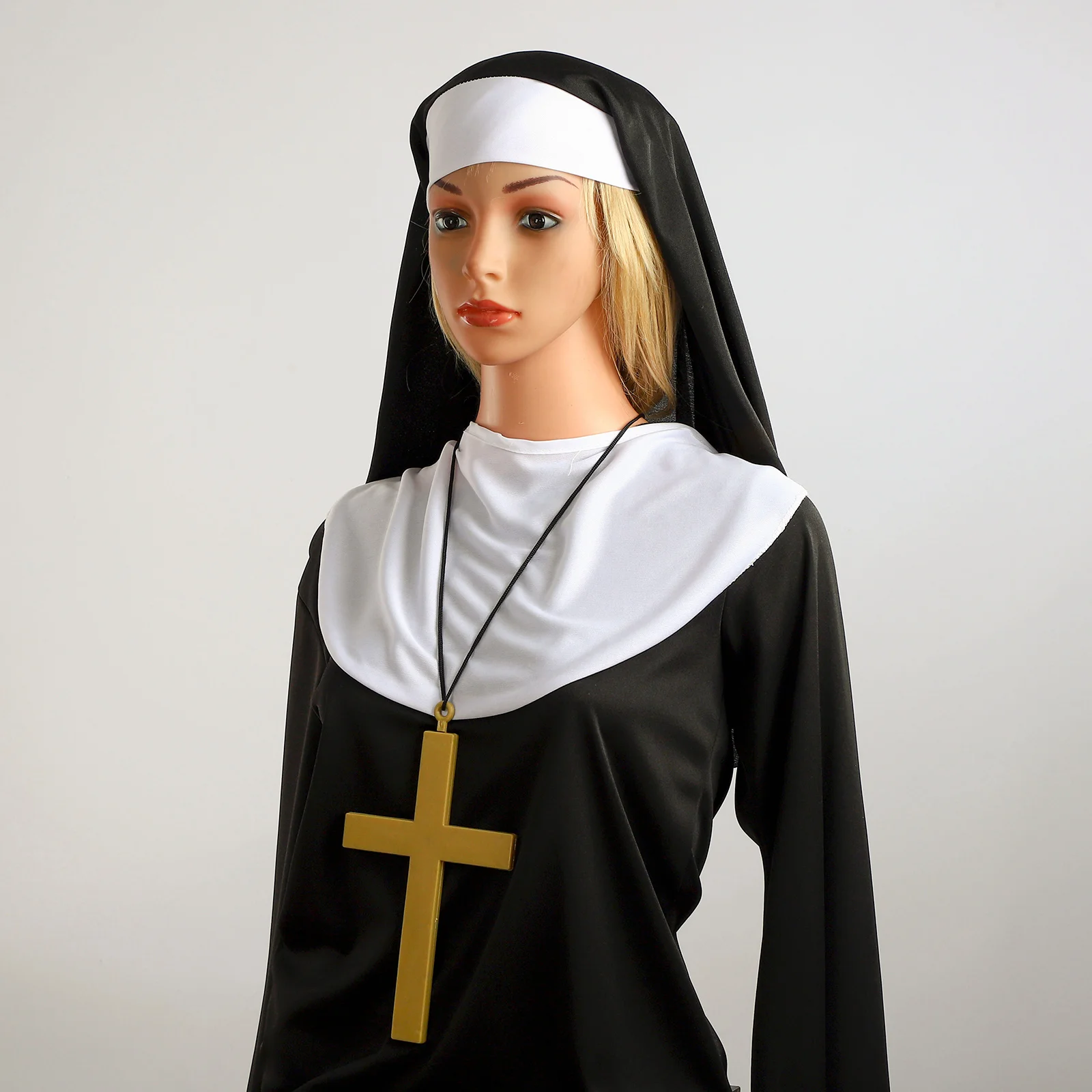 Nun Missionary Costume Sister Nun Priest Headdress Cross Necklace Fake Collar Gloves and Socks Halloween Cosplay Accessories Set