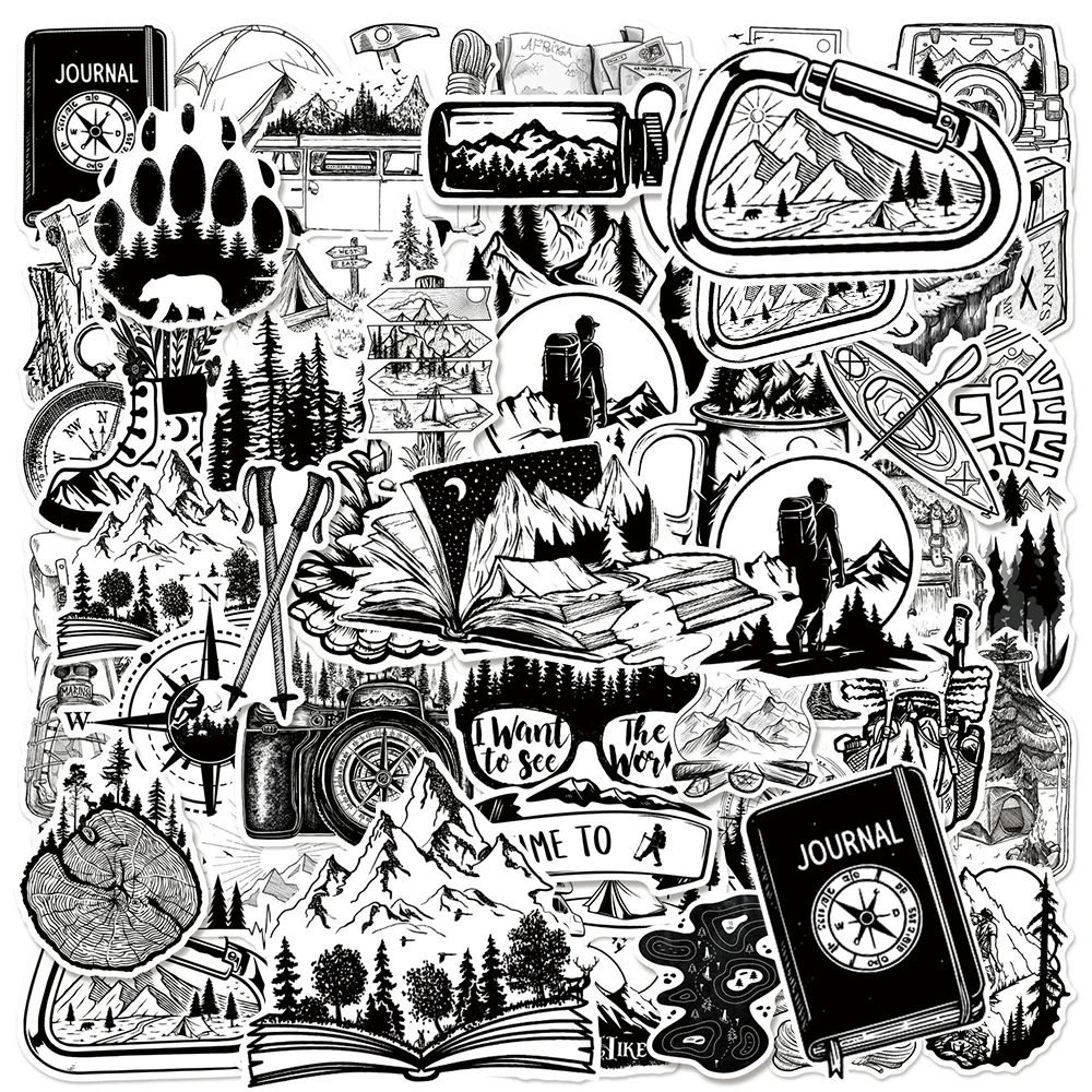10/30/50pcs Black White Outdoor Mountain Climbing Stickers Hiking Camp Cartoon Decals DIY Guitar Notebook Wild Adventure Sticker