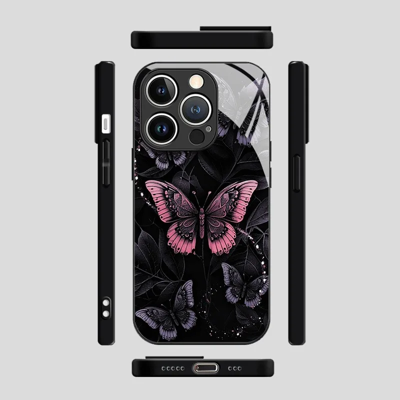 Etui na telefon ze szkła hartowanego Retro Dark Butterfly Pattern do iPhone 11 12 13 14 15 16 17 Pro Max 17Air 16E 7 8 Plus XR XS X Cover