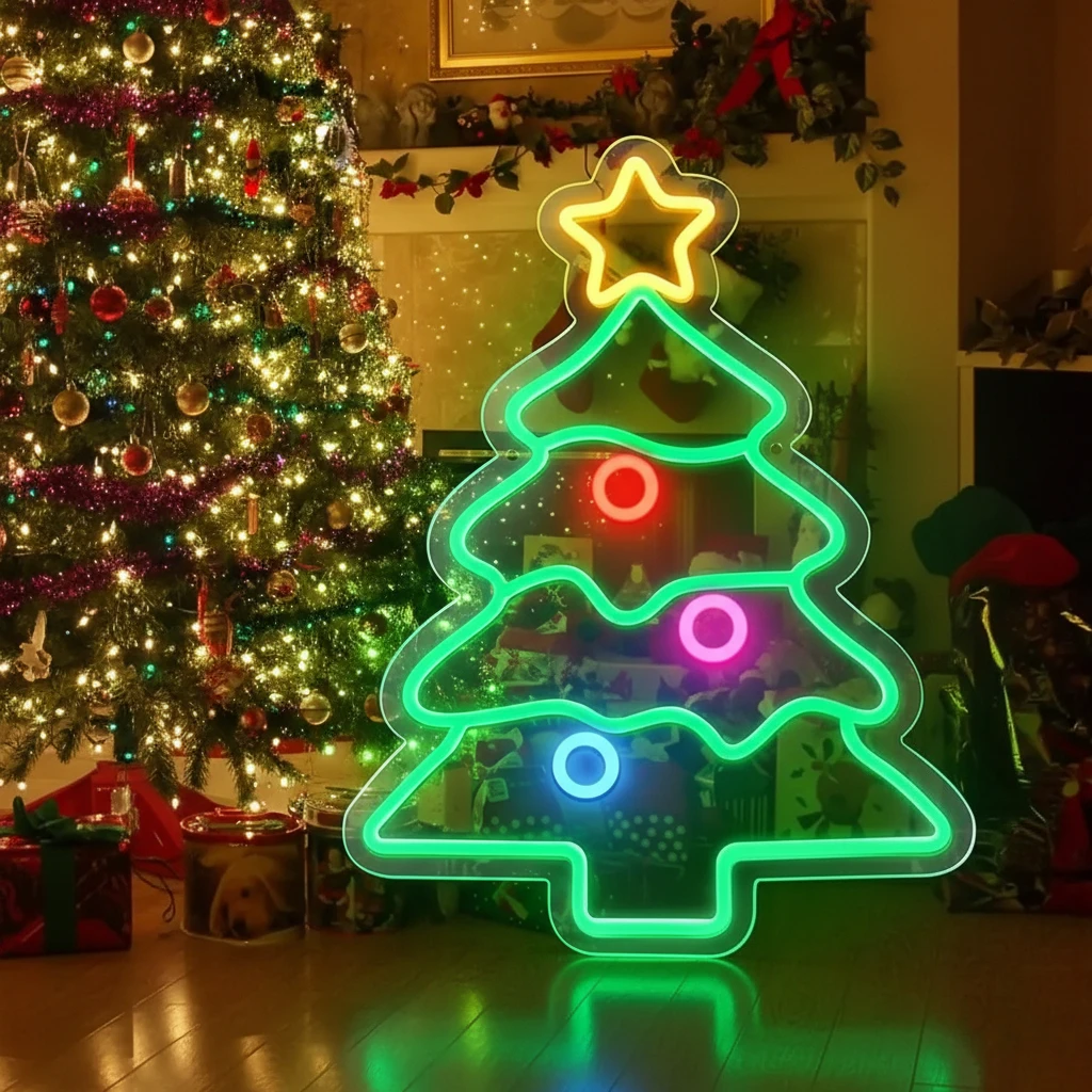 Christmas Tree Neon Sign USB-Powered Multi-Color with Star Topper Durable Plastic & Easy Switch, Ideal for Bedroom Holiday Decor
