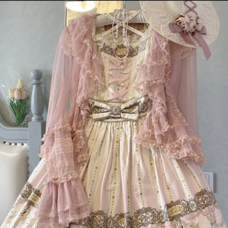 로리타 스윗 큐트 시스루 가디건 셔츠 여성용 레이스 러플 라운드넥 긴팔 탑 얇은 원사 카와이 소프트 블라우스 숄